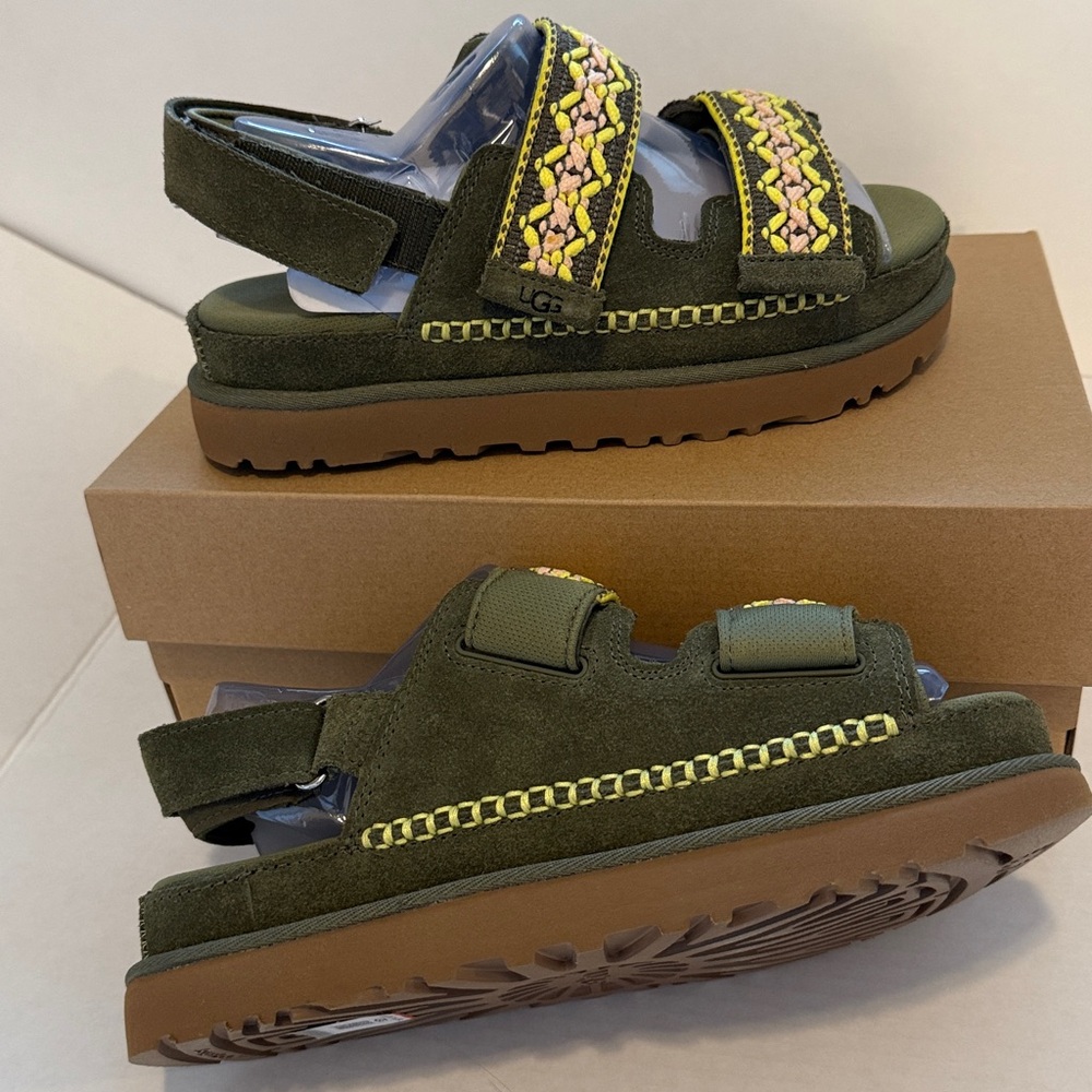 UGG Goldenstar Heritage Braid Olive Suede Sandals with Yellow and Pink Details
